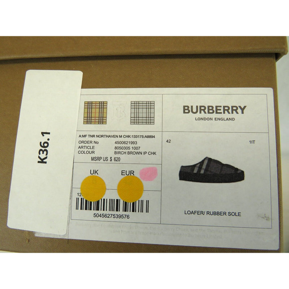 $620 BURBERRY NORTHAVEN BROWN QUILTED CHECK BLACK LEATHER LOGO SLIPPERS 44 US 11 - Picture 14 of 14